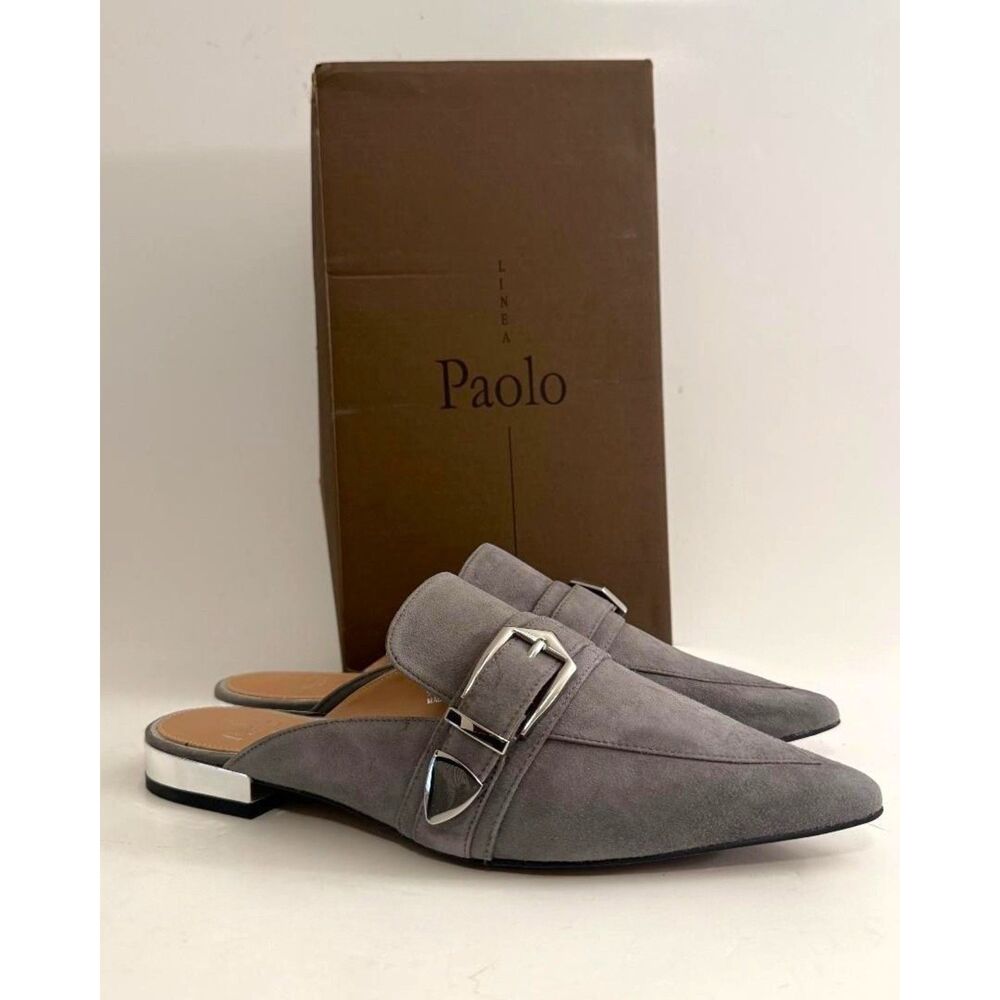 Linea Paolo Ace Buckle Pointed Toe Gray Suede Mule, NEW! Sizes 9.5, 11